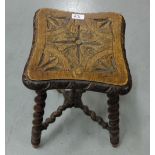 Nest of 3 mahogany tables on tapered legs & a carved oak low stool with bobbin shaped stretchers (