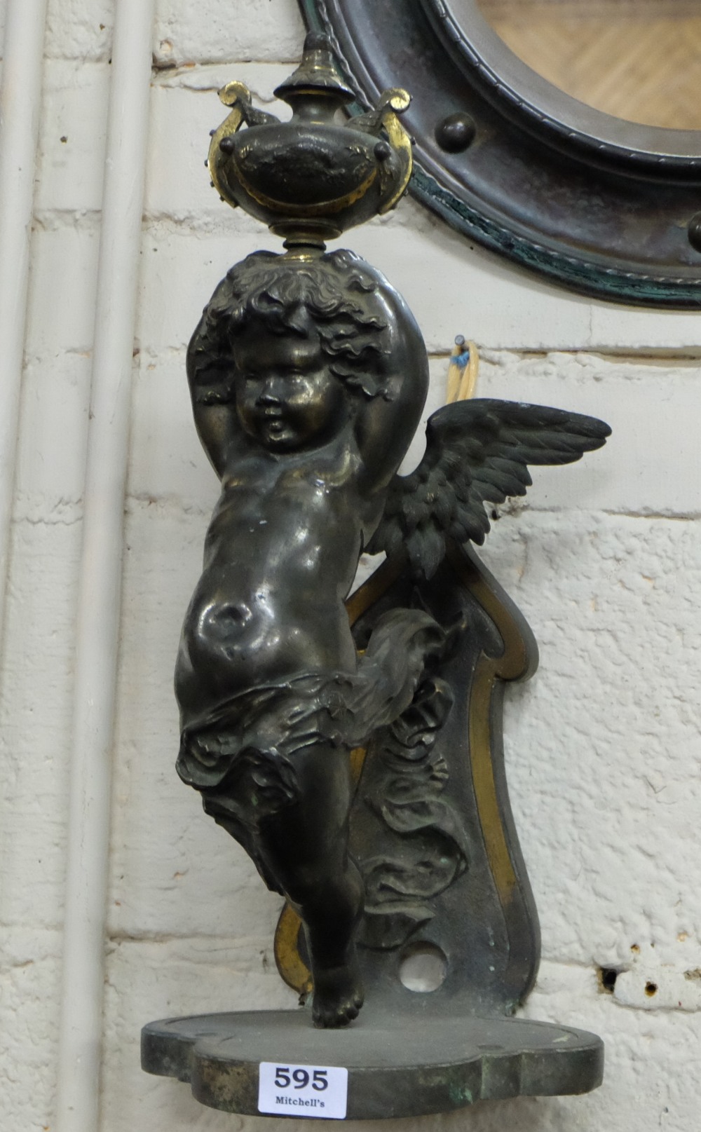 Mid-19thC Bronze Wall Light – Cherub supported an urn, (formerly a gas lamp) 18”h