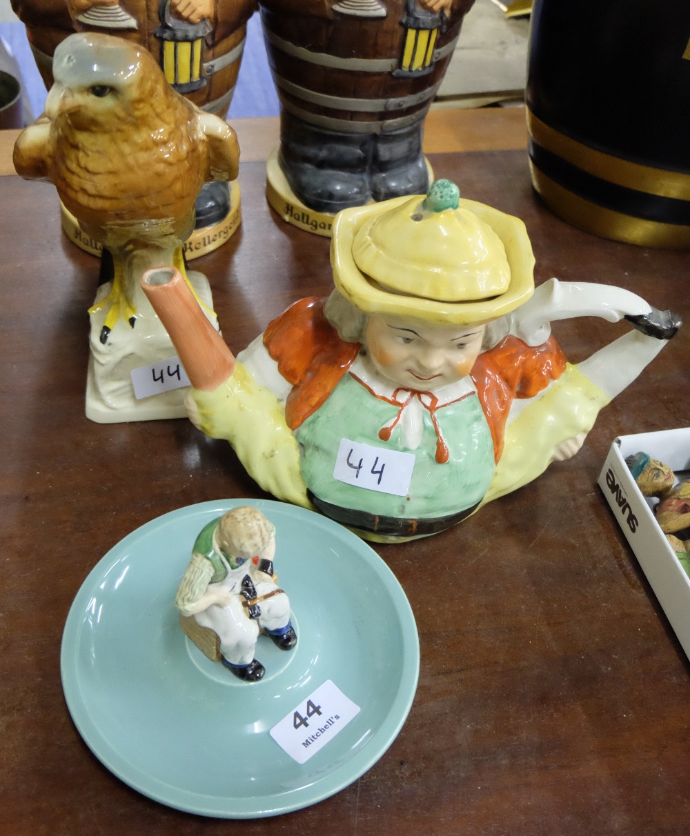 3 items- Adv Dish “Timpson” Shoes with cobbler figure, Comical “Splits” Teapot & German Pottery