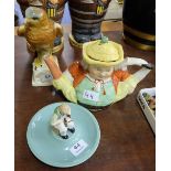 3 items- Adv Dish “Timpson” Shoes with cobbler figure, Comical “Splits” Teapot & German Pottery