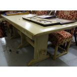 Solid Oak Kitchen Table, with decorative frieze, painted green (matches lot 2), 6ft 7” x 2ft 6”