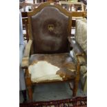 Large Oak Framed Thorne Armchair, on square legs and later castors, brown leather fabric (worn)