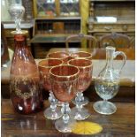 Set of 5 red etched wine glasses and matching decanter & a glass vinaigrette bottle, with painted