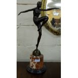 Bronze Art Deco Style Figure of a “Flapper” Dancer, on a circular red marble plinth with black