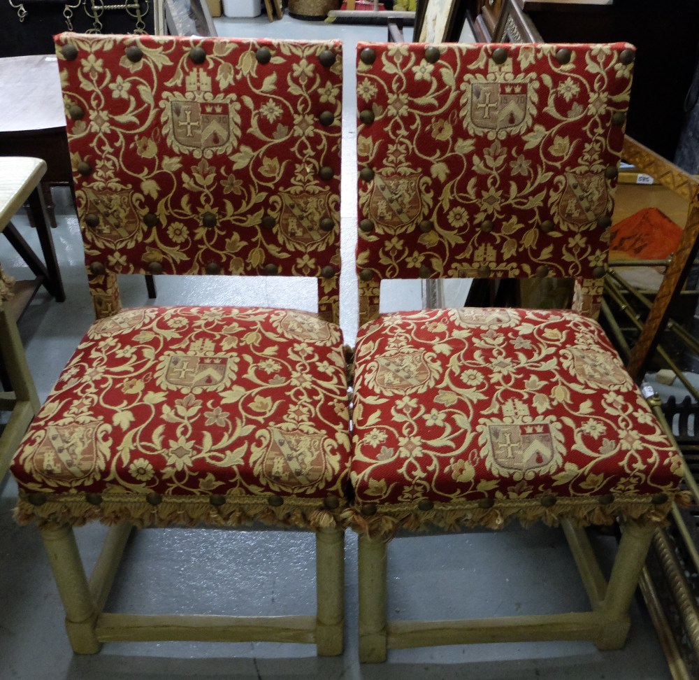 Matching Set of 6 Oak Framed Jacobean Style Kitchen Chairs, painted green, covered with red Tudor