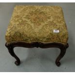 Rosewood Framed Foot Stool, a floral covered padded top over sabre legs with acanthus mounts, 17”