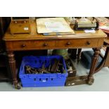 Regency Mahogany Side/Writing Table, the rectangular moulded rim top over two drawers, on turned and