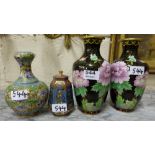 4 pieces Closionne - Pair of black ground Vases, a green bottle neck vase & a red and blue ground