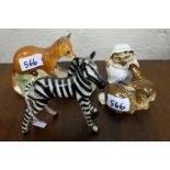 4 miniature animal ornaments (2 Goebel) Zebra, fox, rabbit and Beswick “Mrs Tiggy Winkle”