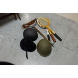 7 Items - 3 hard hats (1 army), 3 tennis rackets & a shooting stick with leather seat