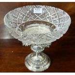 Early 20thC Table Centrepiece - Diamond Cut Glass Fruit Bowl on Silver Plated Base, with vine