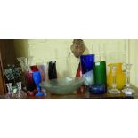 Large group of coloured glass vases, candlesticks etc