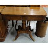 Regency Mahogany Fold-Over Tea Table, inlaid, on a pod base with 4-splayed legs, brass toes, 36”w