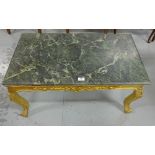 Carved Gilt Wood Coffee Table, with raised floral moldings and green marble top, 35”w x 20”d.