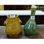 Brown glazed export Chinese Vase with deer head handles & green glazed bottle vase and stopper (2)