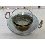 Circular copper preserving pan with handles, brass pot with handle & a copper pot (3)