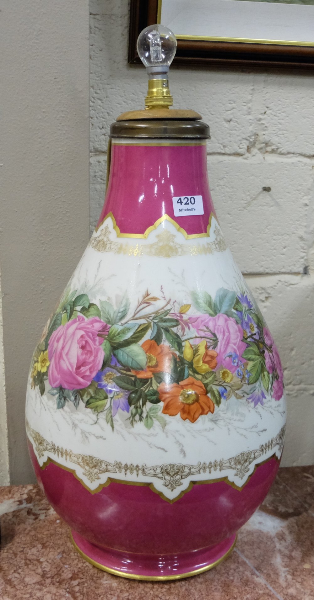 Victorian bulbous porcelain Vase, converted to an electric table lamp, pnik ground with continual - Image 2 of 2