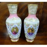 Matching Pair Italian Porcelain Vases, profusely decorated with floral detail and oval portraits