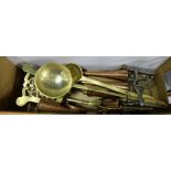 Box – brass ladles, copper hunting horns, brass trivet, horse bits etc