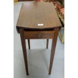 Edw. Mahogany Drop Leaf Side Table, with a drawer, on tapered legs, with a drawer, 22” wide.