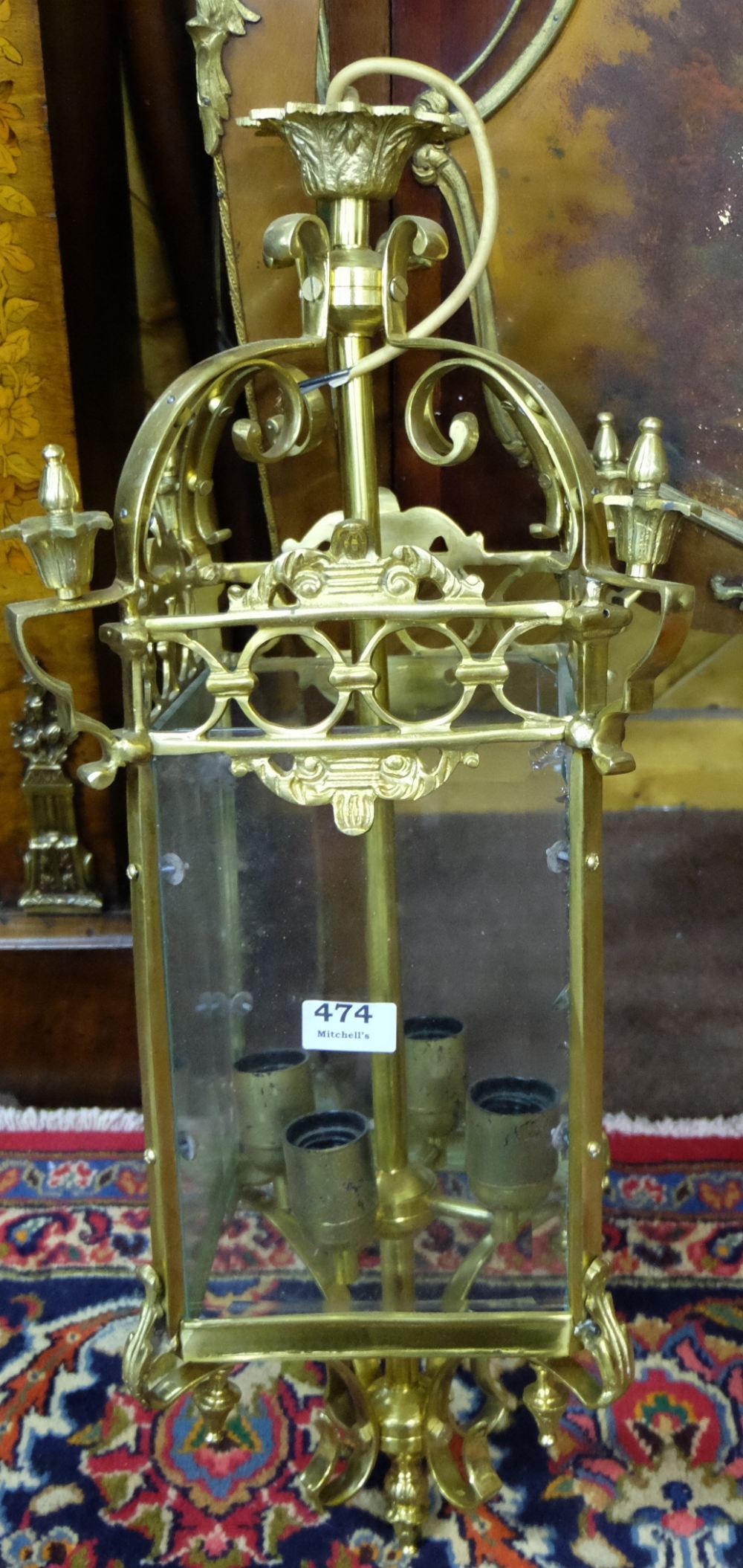 Brass framed Regency style Hall Lantern, with 4 sconces, bevelled glass sides 28”h (matches lot