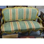 Gilt framed 3-seater Couch, with carved rails, green and gold stripped fabric, on 4 cabriole front