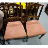 Matching Pair of walnut Side Chairs, mauve patterned fabric, turned front legs.