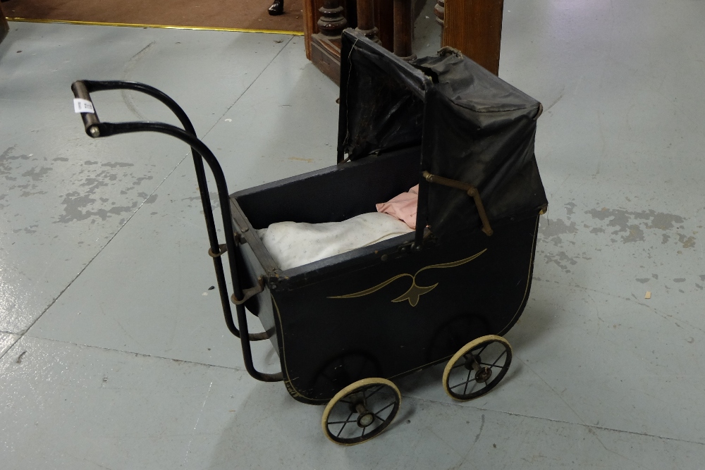 Victorian Dolls Pram, on sprung base with 4 small wheels – 17.5”w x 24”h