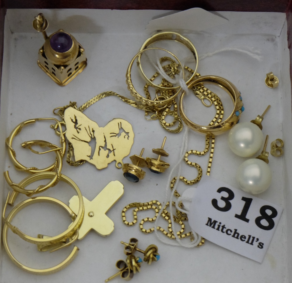 Group of mainly 9ct Gold items – 4 pairs earrings, 3 lady’s rings, necklace, bracelet, Turkish charm - Image 2 of 2