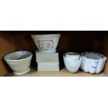 4 stoneware jelly moulds, “Mr Guinness Pudding Bowl”, 3 porcelain mortors, vitamin bottle &