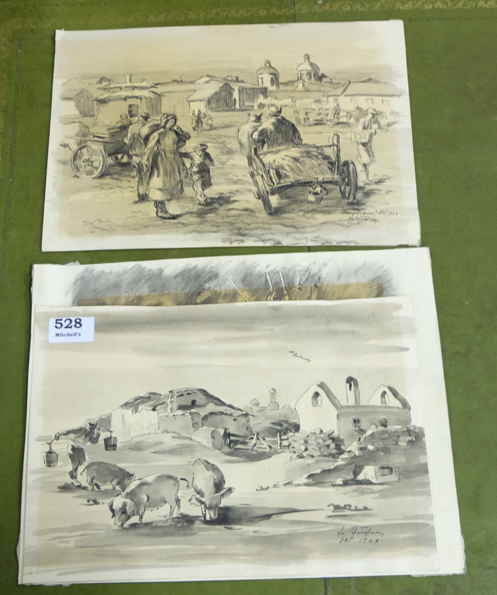 4 un-framed pen and charcoal drawings from 1943 – all signed and dated – rural village and country