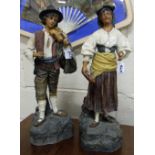 Pair of 19thC Continental Terracotta Musical Figures – Man with Fiddle and Woman with tambourine (