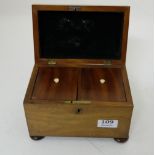 Regency Mahogany Tea Caddy, with 2 compartments, on bun feet – 8”w x 5”d