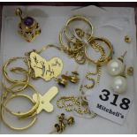 Group of mainly 9ct Gold items – 4 pairs earrings, 3 lady’s rings, necklace, bracelet, Turkish charm