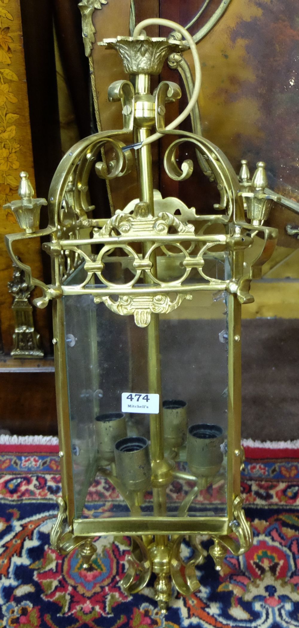 Brass framed Regency style Hall Lantern, with 4 sconces, bevelled glass sides 28”h (matches lot