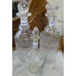Two 19thC Decanters - engraved “Whisky” & “Shrub” (button pressed) & a vingerette with stopper
