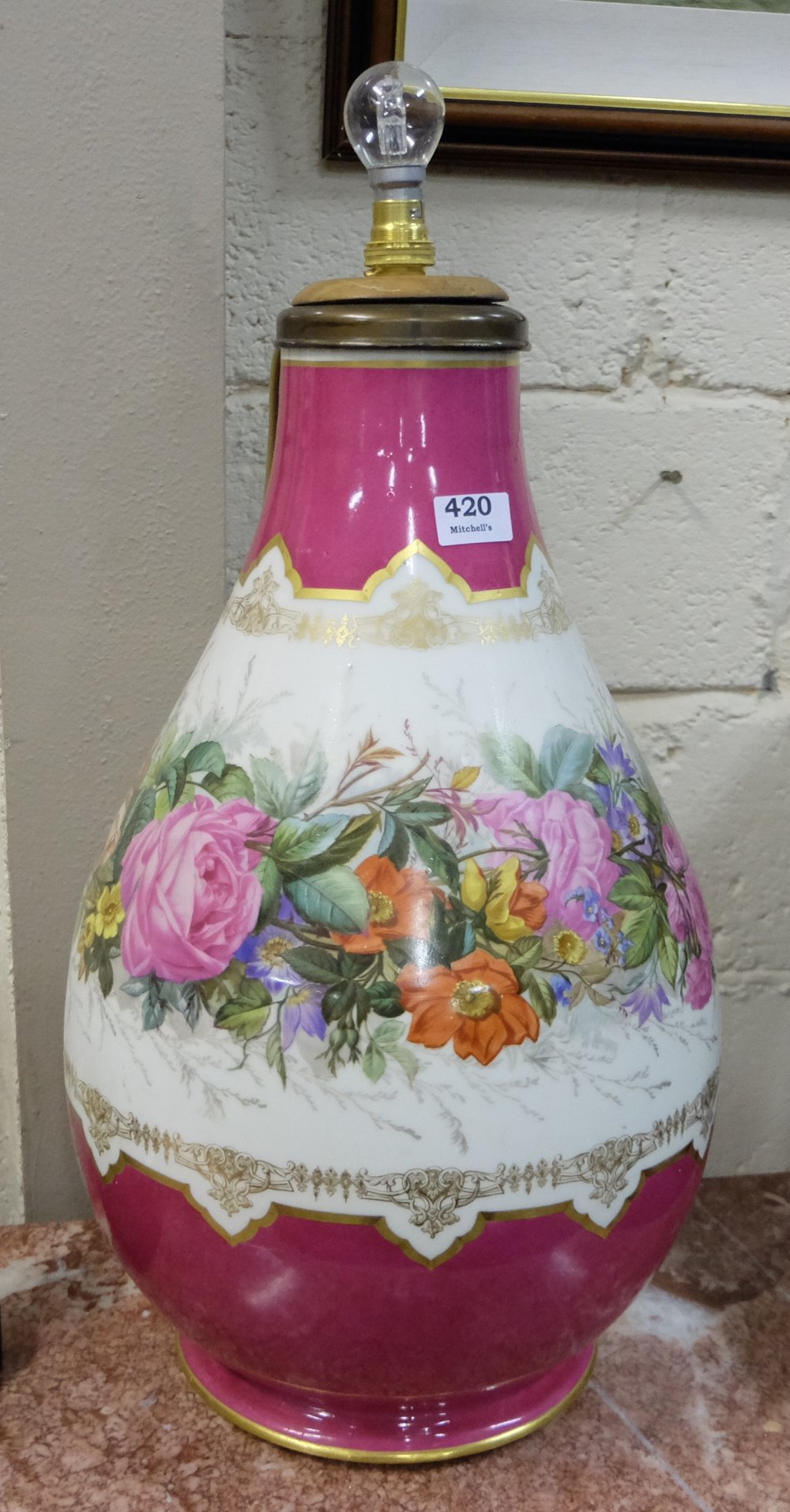 Victorian bulbous porcelain Vase, converted to an electric table lamp, pnik ground with continual