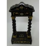 Edwardian Ebonised Clock Stand, with green and gold inlay, barley twist central supports, 19.5”h x
