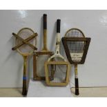 “Bennettsbridge Tennis Club Racket 1943” & 3 other wooden tennis rackets, with wooden guards (4)