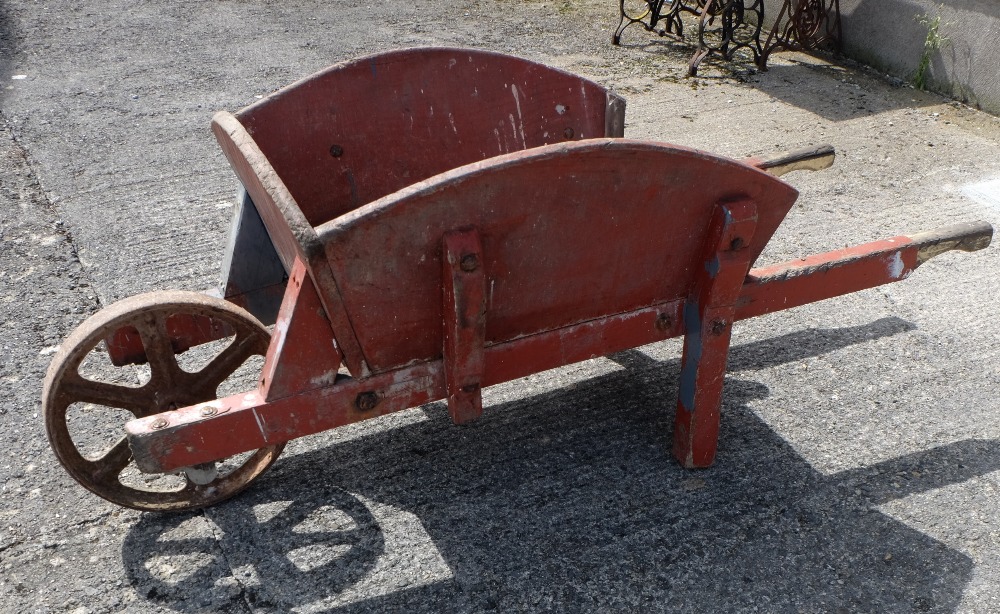 Irish Wooden Farm Barrow, with steel wheel, original red paint, 68” long