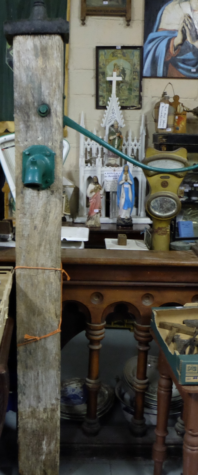 Rare early 19thC Irish water pump, in oak case, with cast iron handle and spout, painted green, 82”