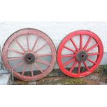 2 similar Donkey Cart Wheels, painted red, 3ft dia, iron shod