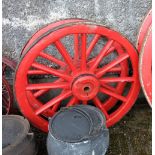 Pair wooden Donkey Cart Wheels, iron shod, painted red, 37” dia, with pair of iron axels