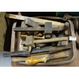 Box of Carpenters Tools – 3 wood rulers, 3 guages, 2 spoke shaves etc