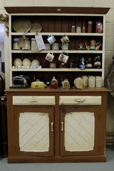 Antique late 19thC Pine Kitchen Dresser – the upper section with 3 shelves over 2 drawers and 2
