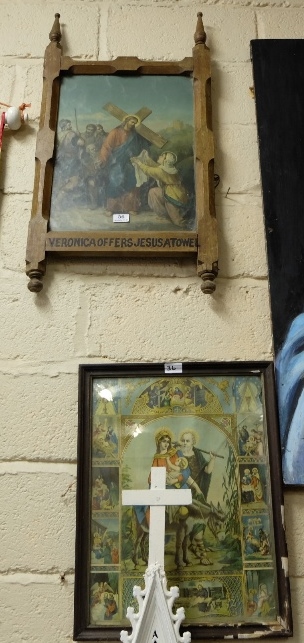 2 religious prints – 1 of “Veronica Offers Jesus a Towel”, in a Pine Station of the Cross frame (2)