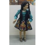 Girl’s Irish Dancing Costume, navy wool with intricate celtic stitching and green satin blouse