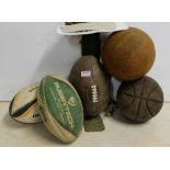 Old leather rugby ball, 2 modern used rugby balls & 2 used basket balls (6)