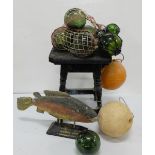 Old glass fishing balls 1940 – green and clear, 2 plastic buoys and wooden fish ornament