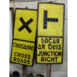 Two Irish Cast Iron Road Signs, 1920’s, each 27”h x 12”w, dual Irish/English language lettering, “